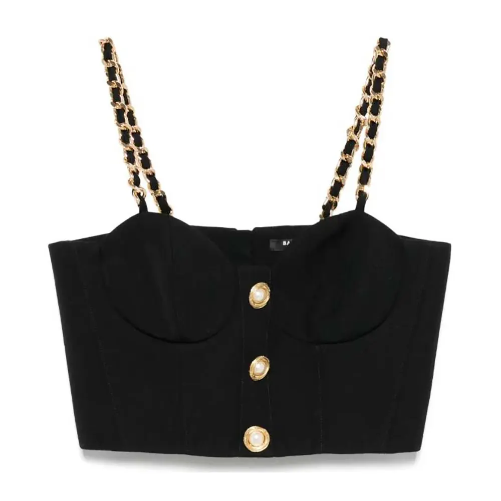 Front view of Balmain Women Top Mit Kettenriemen-Black showing chain strap
