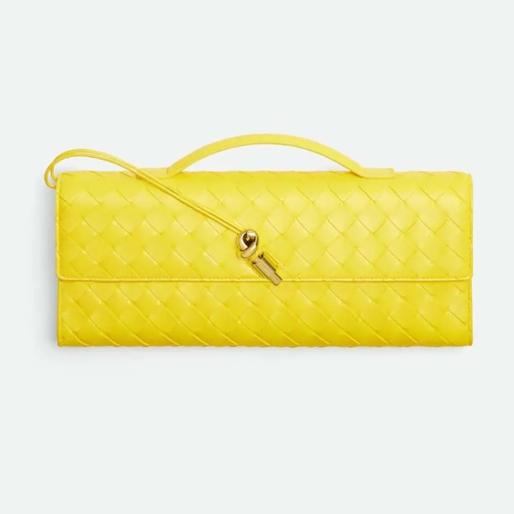 Front view of Bottega Veneta Women Andiamo Clutch in vibrant yellow leather