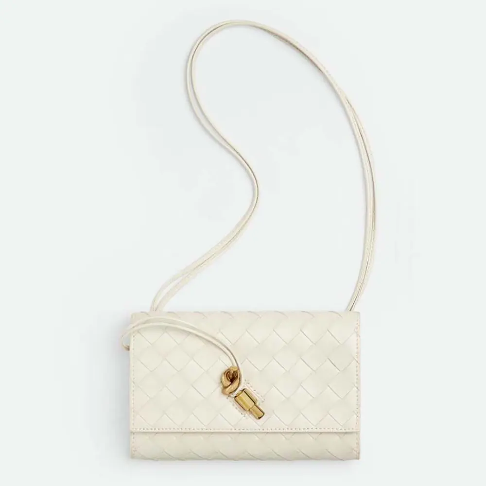 Front view of Bottega Veneta Women Andiamo Pouch-White with zip closure