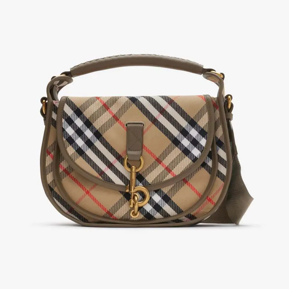 Front view of Burberry Women Small B Clip Messenger Bag in brown leather