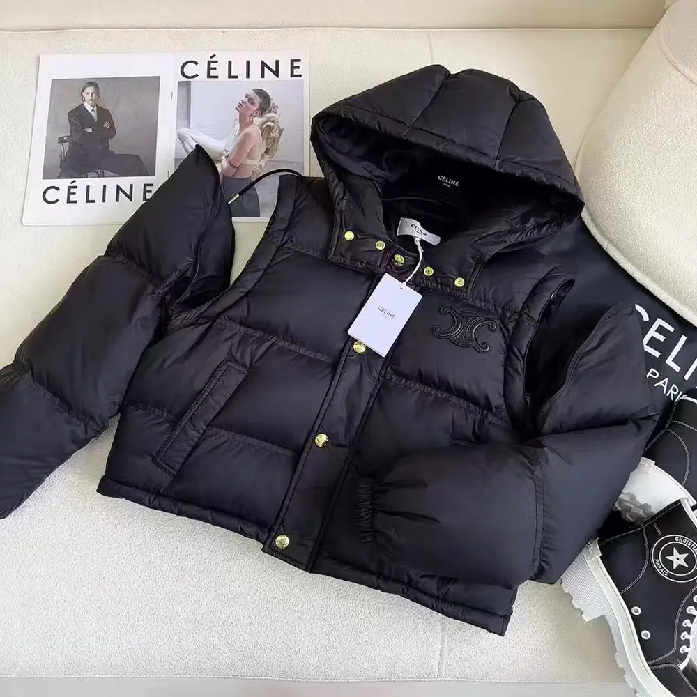 Front view of Celine Women Triomphe Cropped Down Jacket in Lightweight Nylon-Black