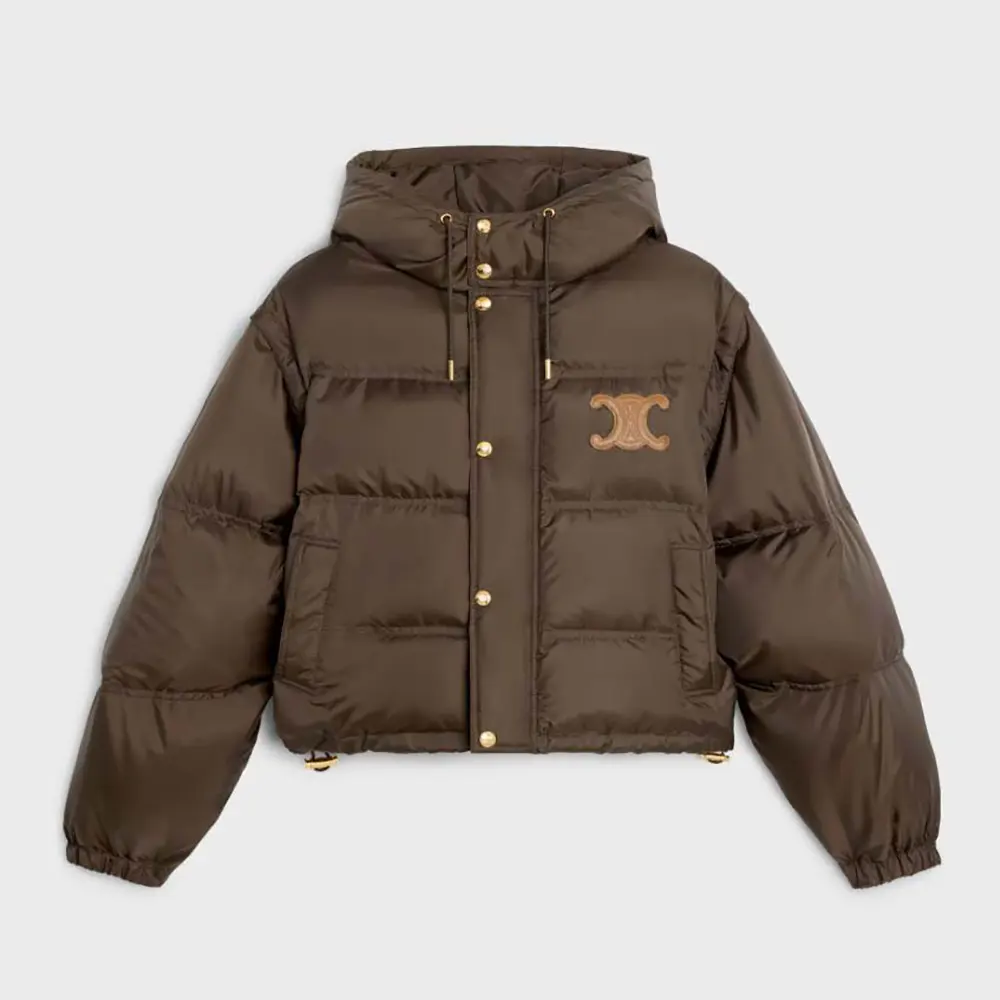Front view of Celine Women Triomphe Cropped Down Jacket in brown nylon