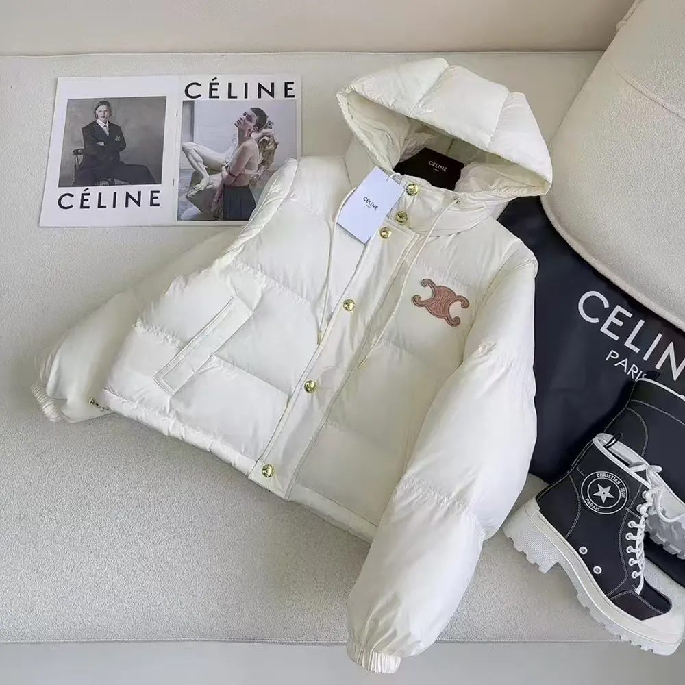 Front view of Celine Women Triomphe Cropped Down Jacket in Lightweight Nylon-White