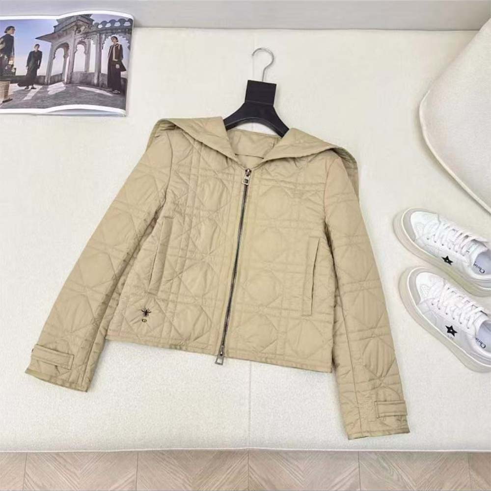 Front view of Dior Women Macrocannage Bomber Jacket Beige Quilted Technical Taffeta