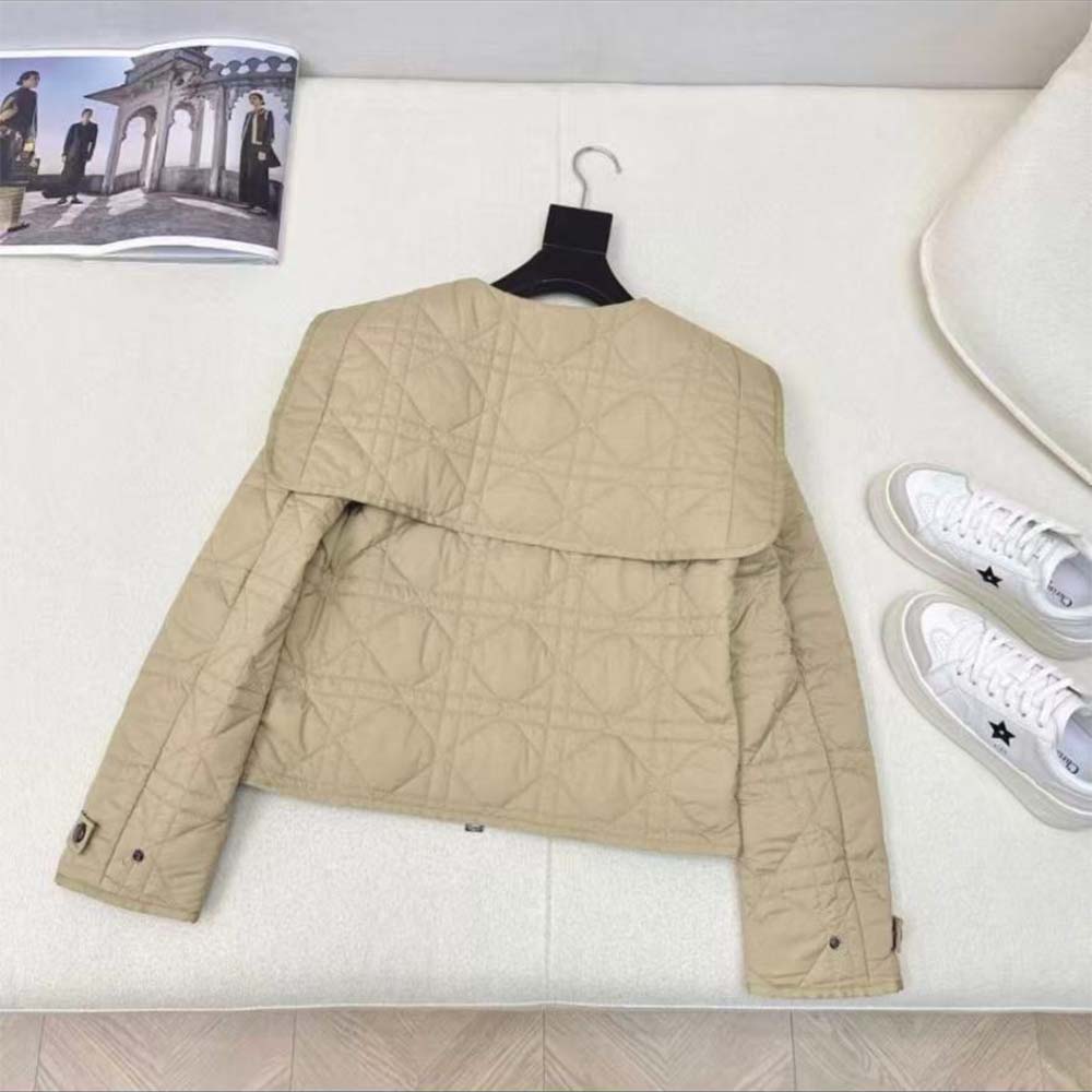 Silver zipper and collar detail on Dior Women Macrocannage Bomber Jacket in beige