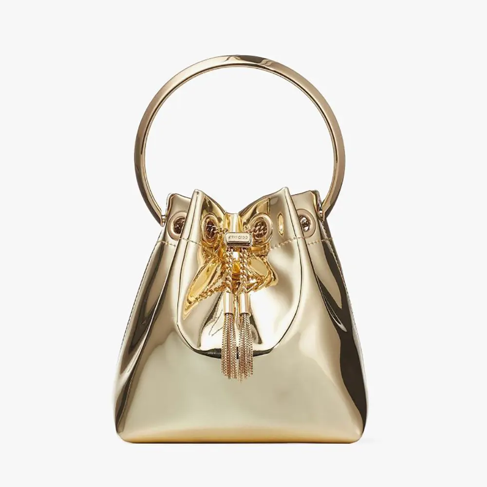 Front view of Jimmy Choo Women Bon Bon Gold Mirror Fabric Mini Bag with metal handle