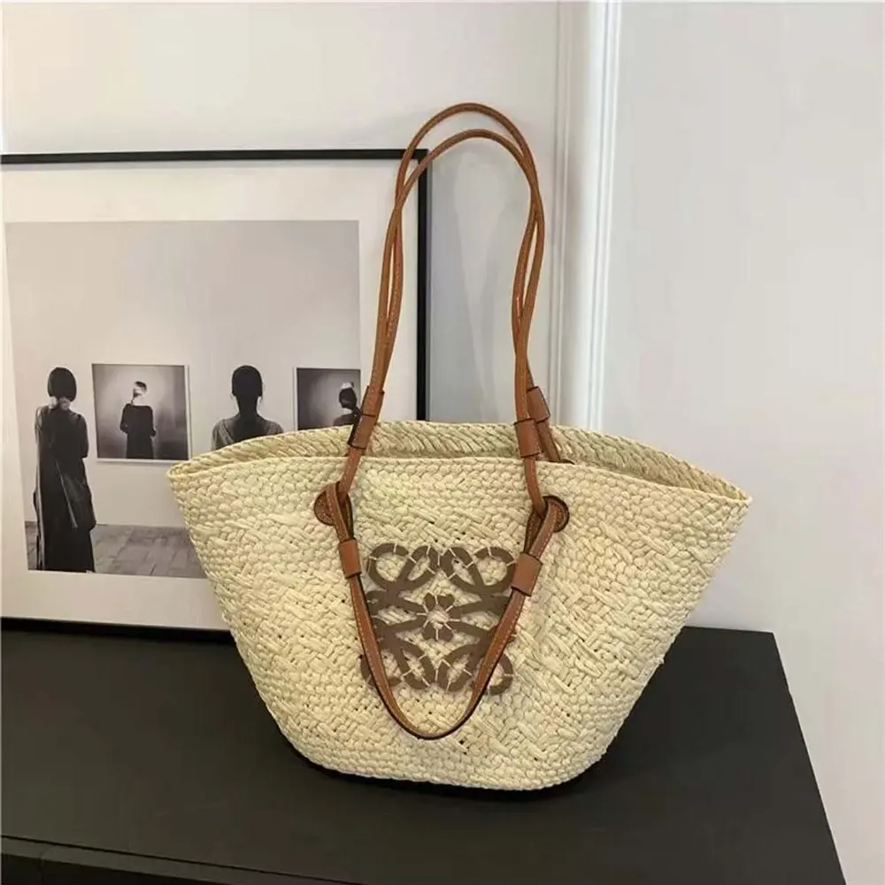 Close-up of embossed Anagram hardware on the Loewe Large Anagram Basket Bag