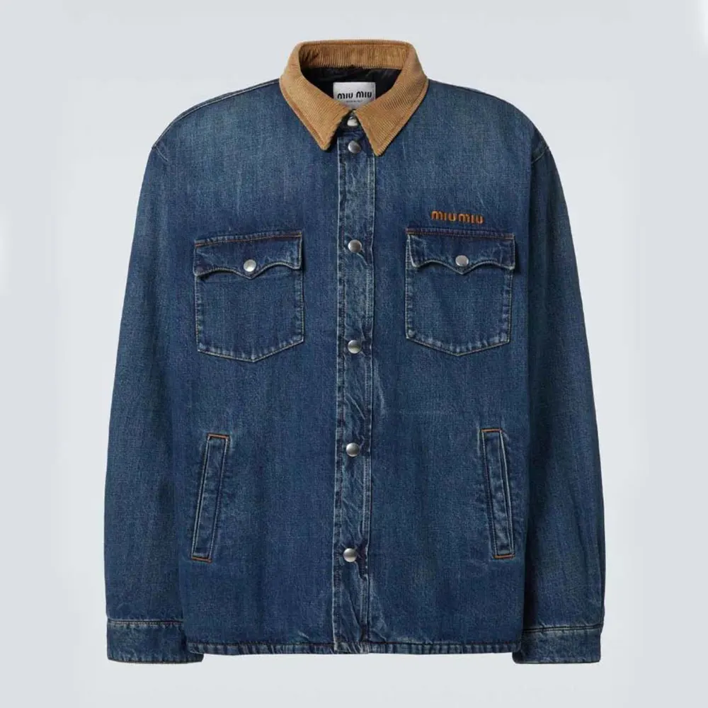 Front view of Miu Miu Women Denim Down Jacket with Embroidered Logo in navy