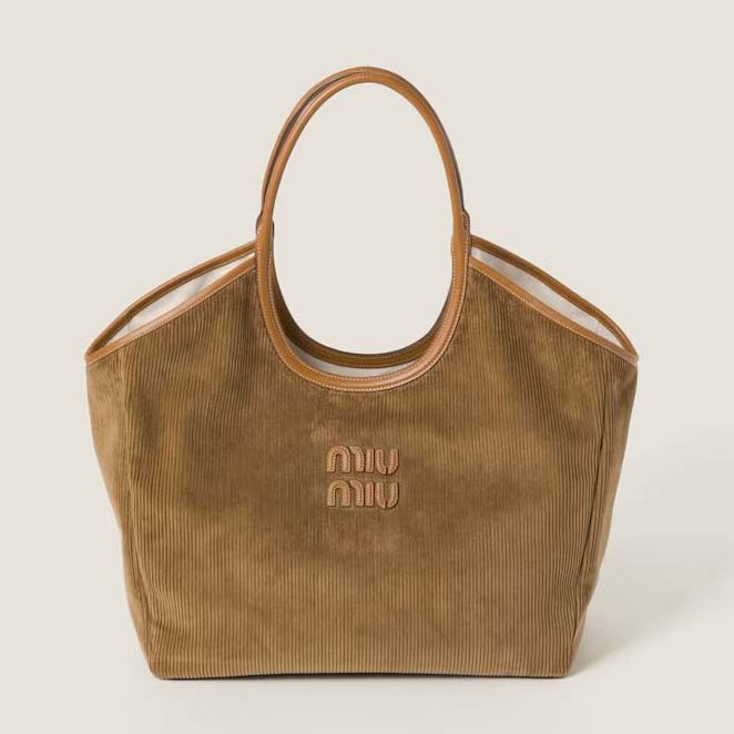 Front view of Miu Miu Women IVY Corduroy Shopping Bag in brown