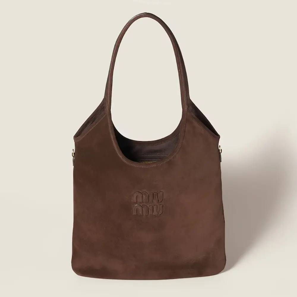 Front view of Miu Miu Women Ivy Suede Bag-Dark Brown with flap closed