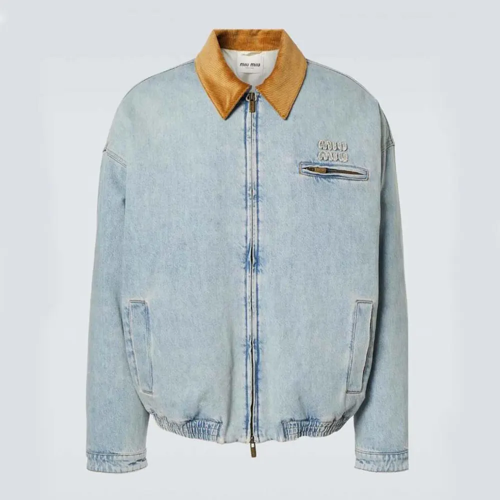 Front view of Miu Miu Women Logo Corduroy-trimmed Denim Blouson in blue