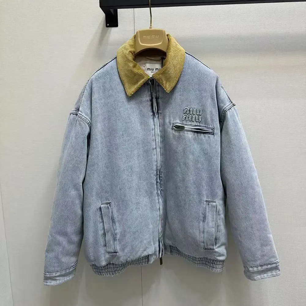 Side angle showing corduroy trim detail on Miu Miu denim blouson