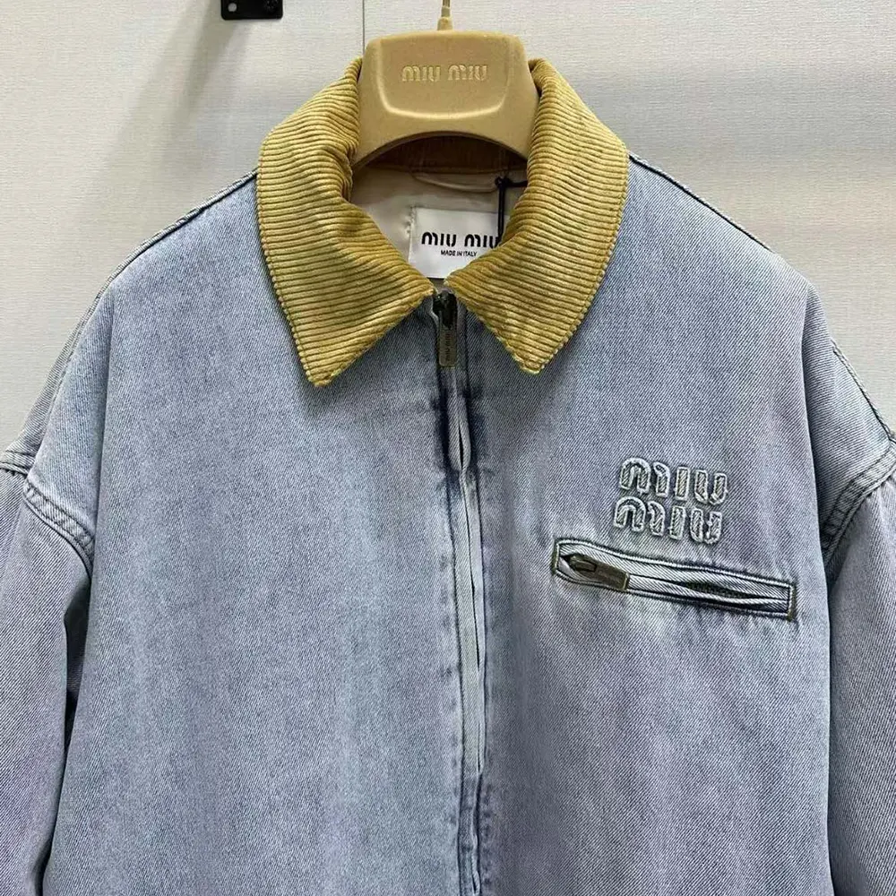 Miu Miu Women Logo Corduroy-trimmed Denim Blouson - image 6