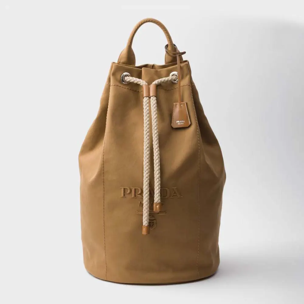 Front view of Prada Unisex Canvas Drawstring Duffle Bag-Brown