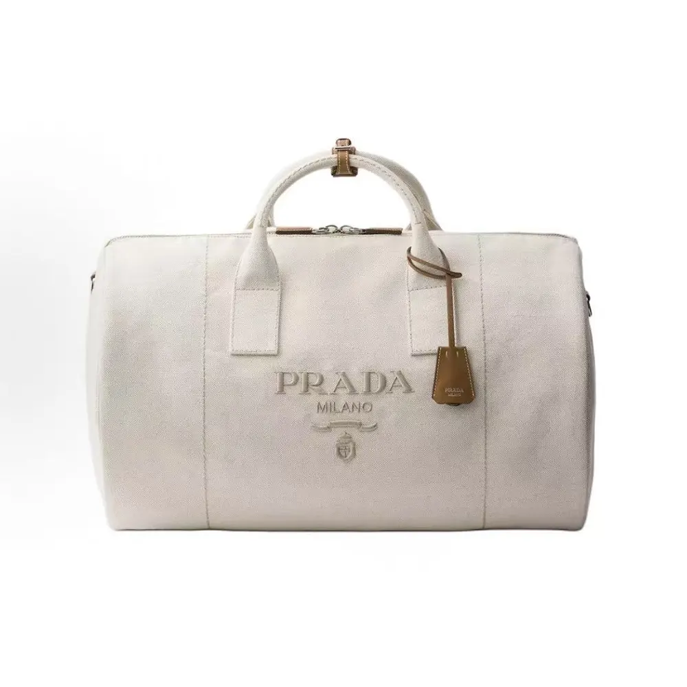 Front view of Prada Unisex Canvas Duffle Bag-White with logo detail