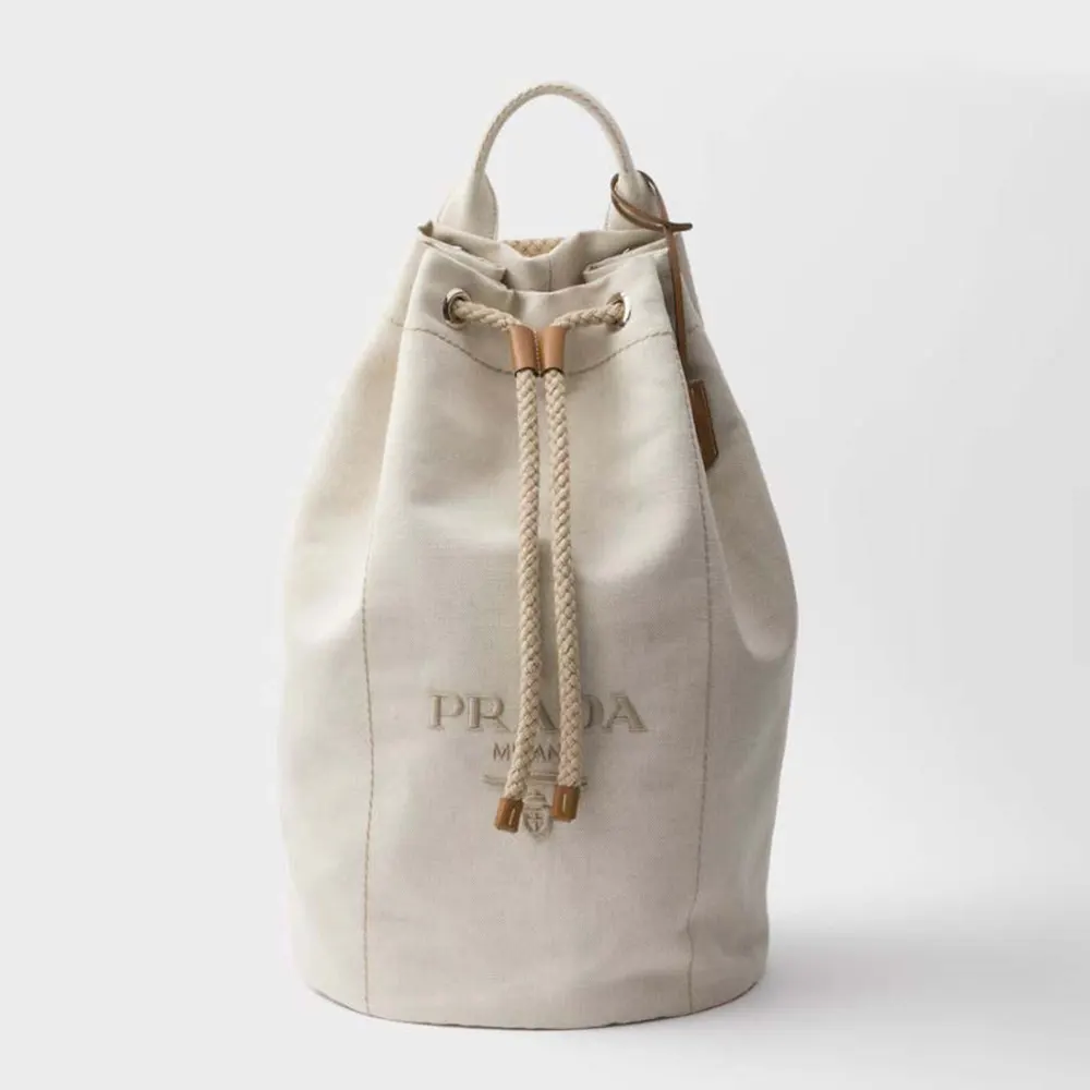 Front view of Prada Unisex Linen Blend Drawstring Duffel Bag-White