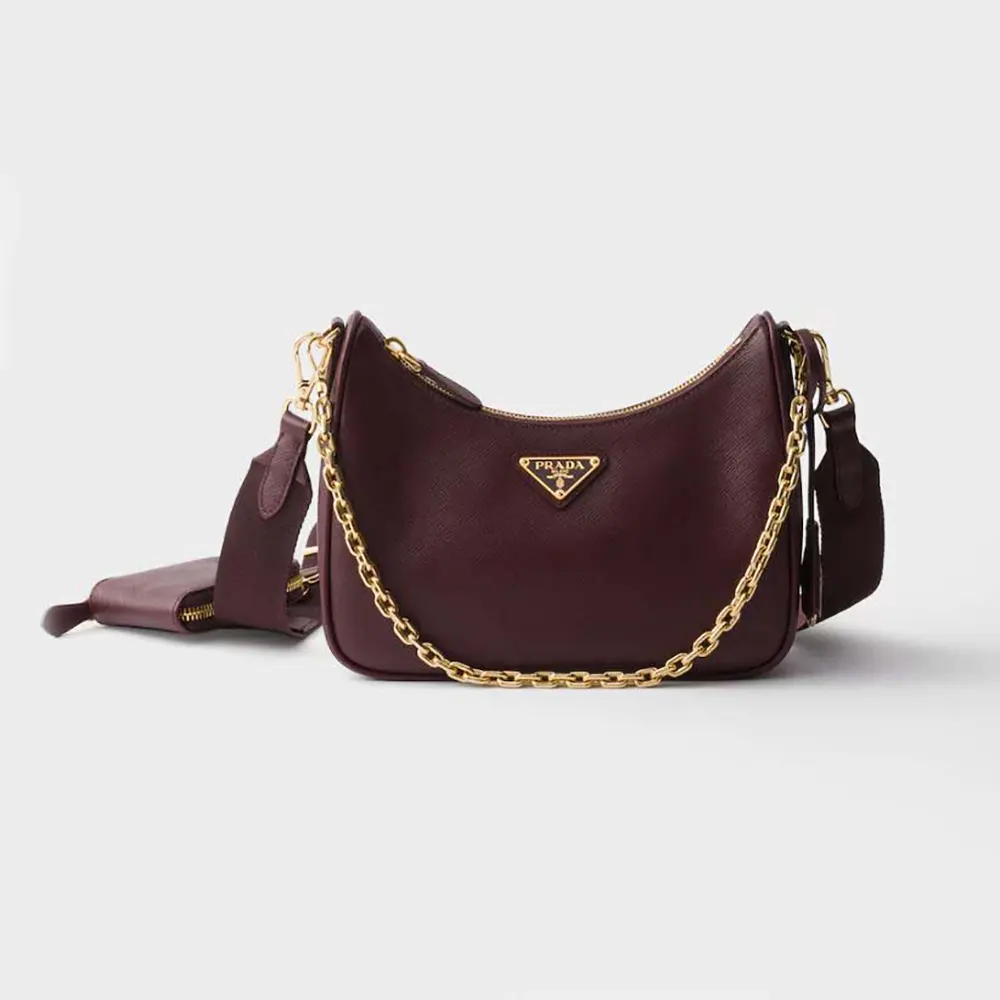 Front view of Prada Women Re-Edition 2005 Saffiano Leather Bag-Maroon