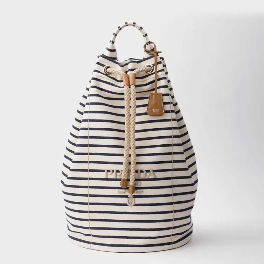 Front angle of Prada Unisex Striped Canvas Drawstring Duffel Bag-White