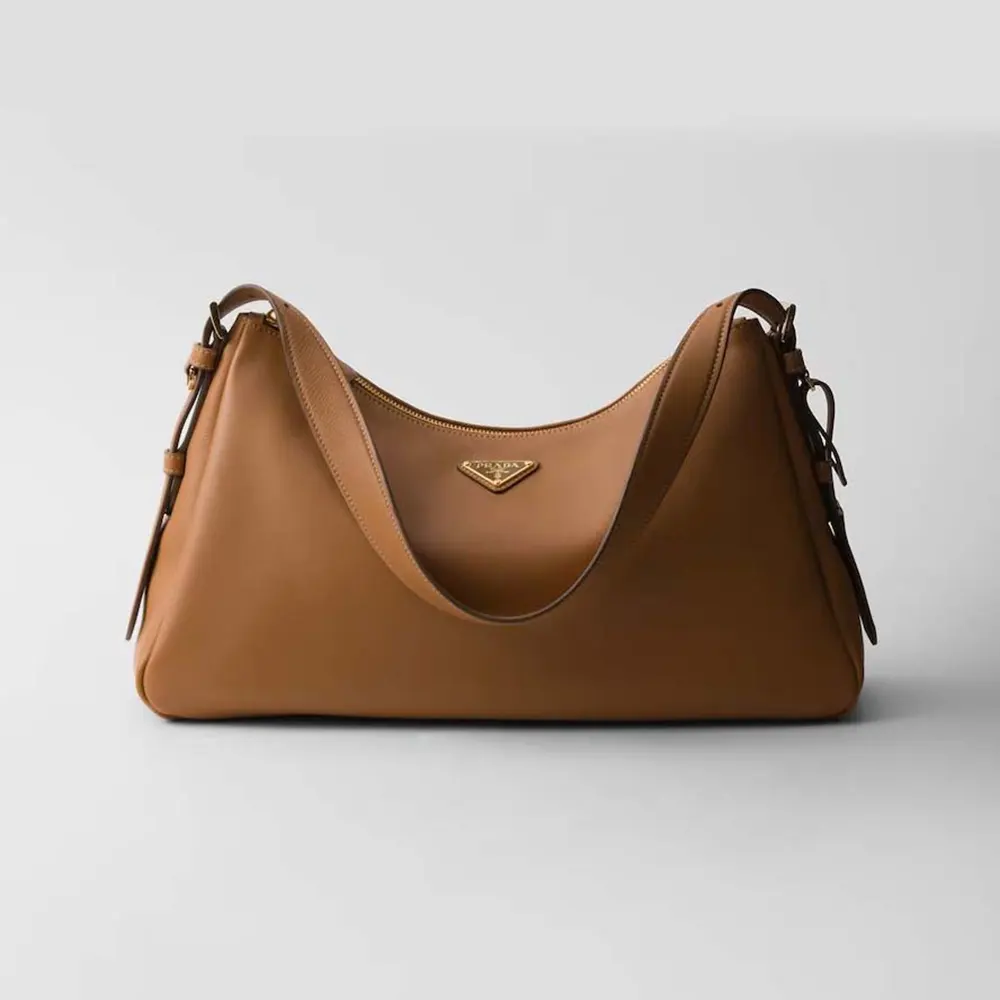 Front view of Prada Women Aimée Large Leather Shoulder Bag-Brown