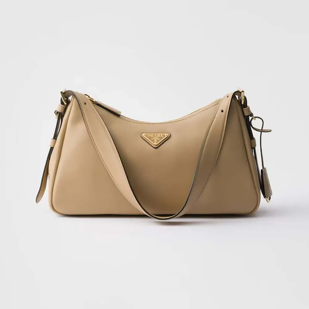 Front view of Prada Women Aimée Medium Leather Shoulder Bag-Sandy