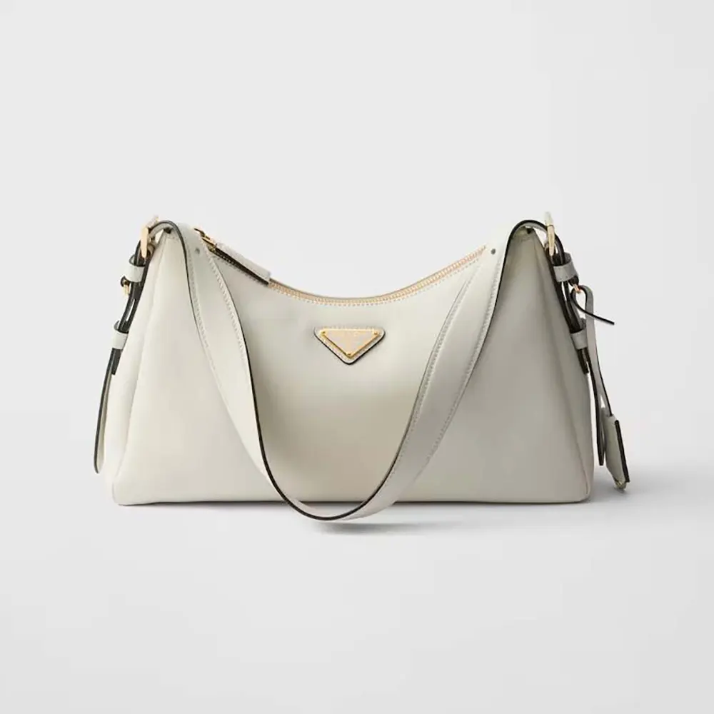 Front view of Prada Women Aimée Medium Leather Shoulder Bag-White with flap closed
