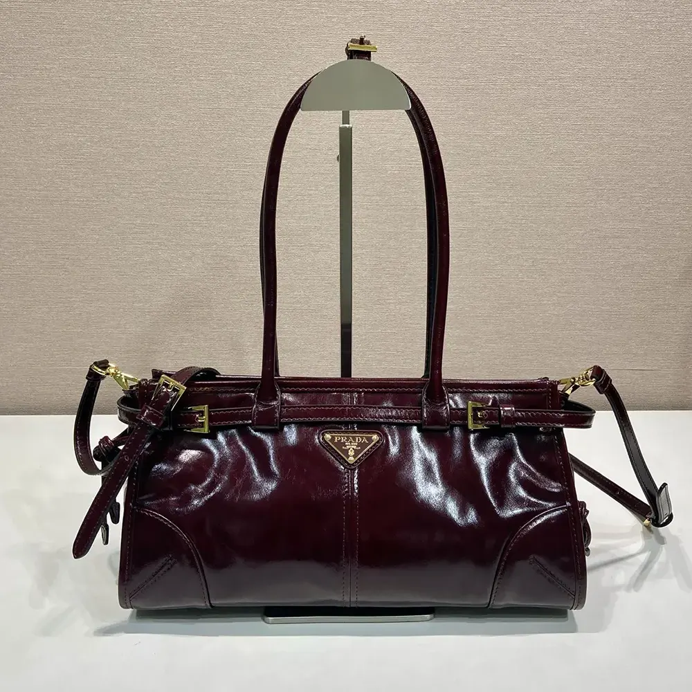 Close-up of smooth leather texture and gold closure on Prada Women Bonnie handbag