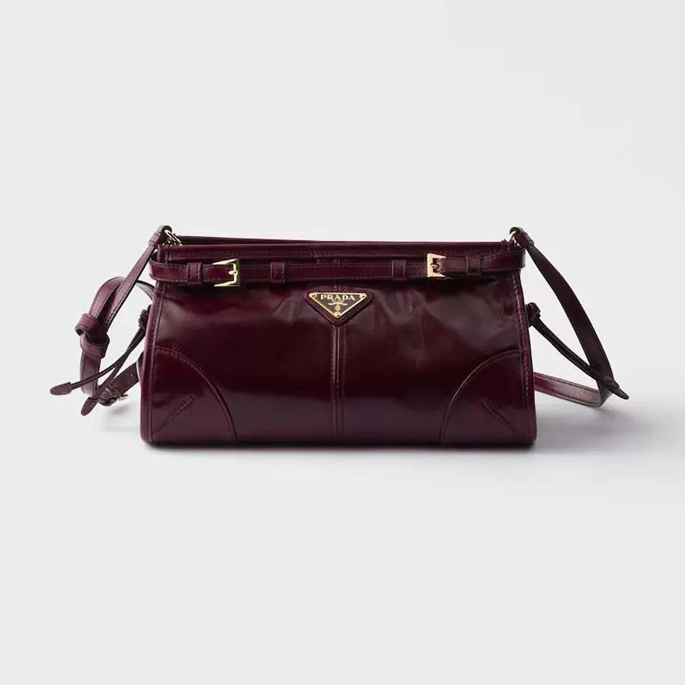Front view of Prada Women Bonnie Small Leather Shoulder Bag-Maroon