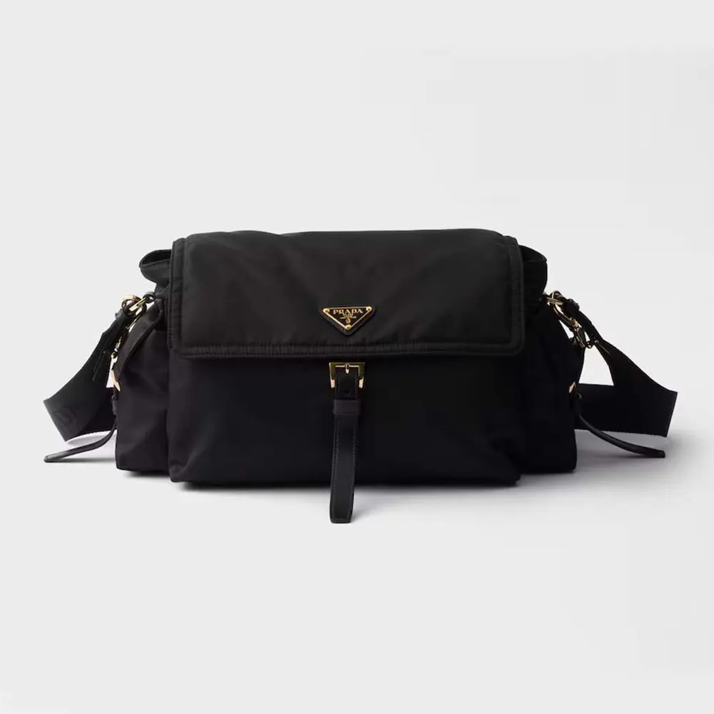 Front angle of Prada Women Explore Large Re-Nylon Shoulder Bag With Flap-Black