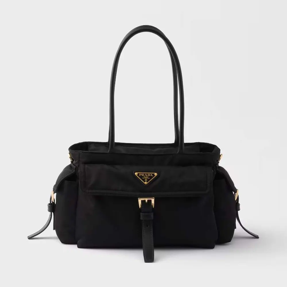 Front view of Prada Women Explore Medium Re-Nylon And Leather Tote Bag-Black