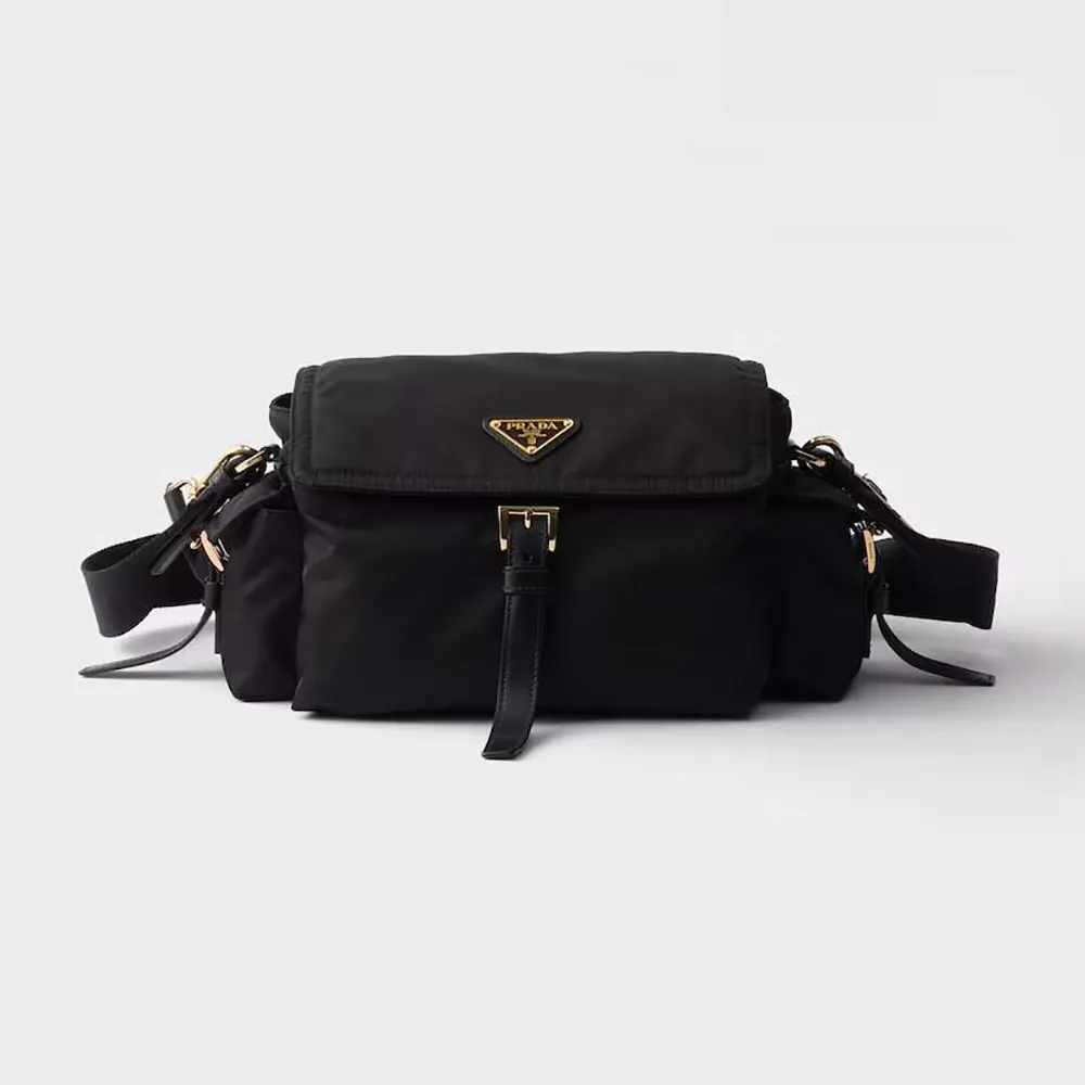 Front view of Prada Women Explore Medium Re-Nylon Shoulder Bag With Flap in black