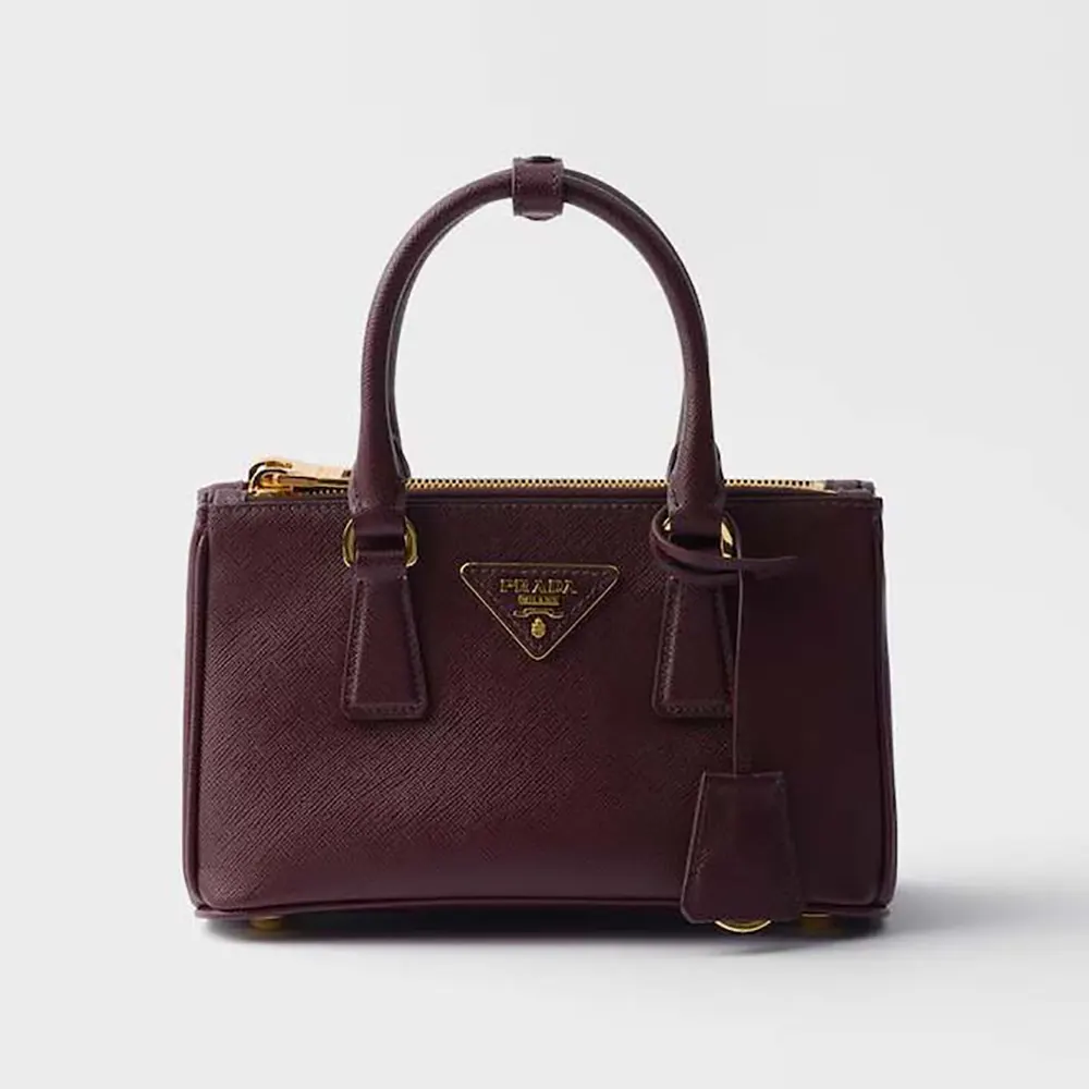 Front view of Prada Women Galleria Mini Saffiano Leather Bag in maroon
