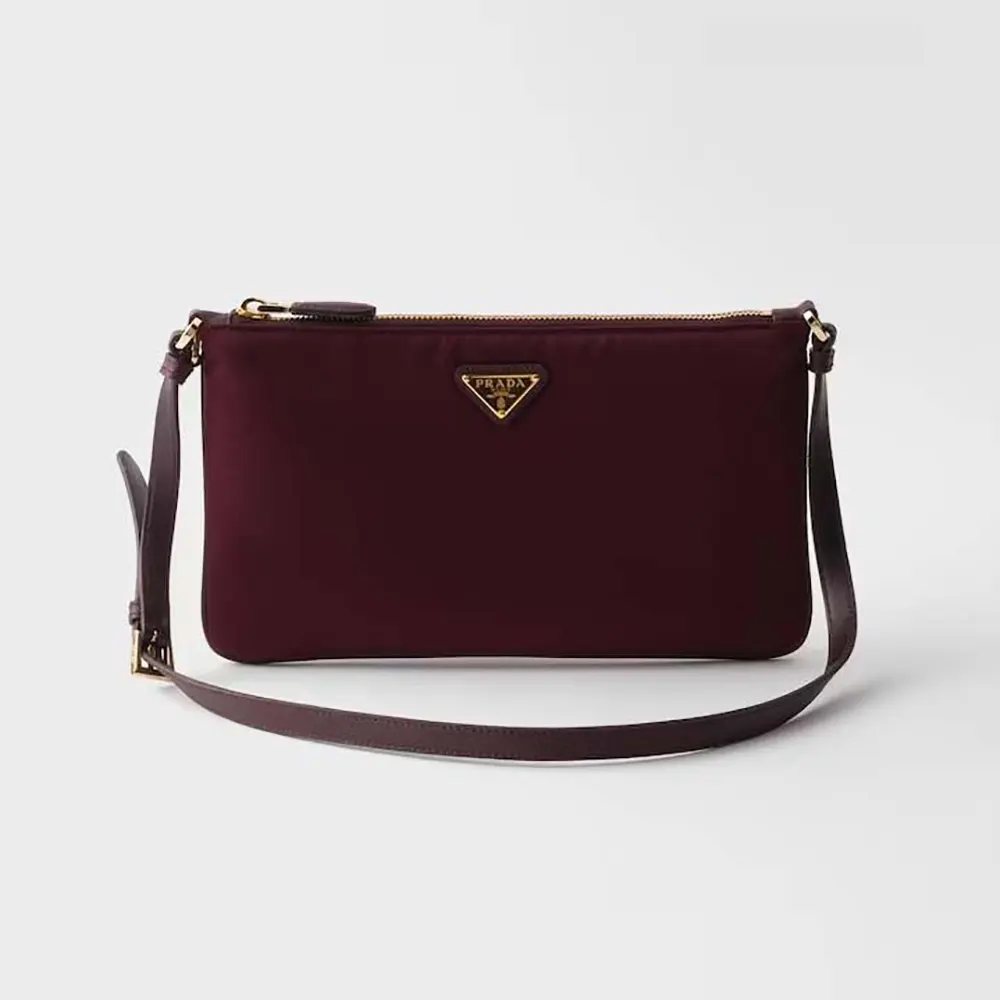 Front view of Prada Women Re-Nylon Pouch Enameled Metal Triangle Logo in maroon