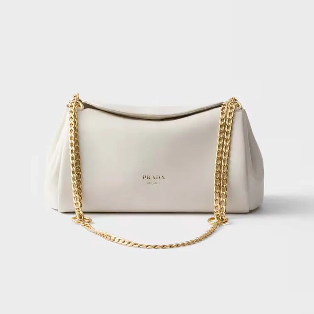 Front view of Prada Women Tumulte Small Nappa Leather Bag-White with logo