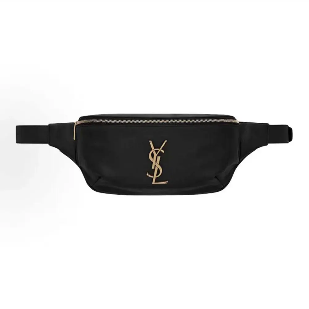 Front view of Saint Laurent YSL Unisex Cassandre Classic Belt Bag in shiny black leather