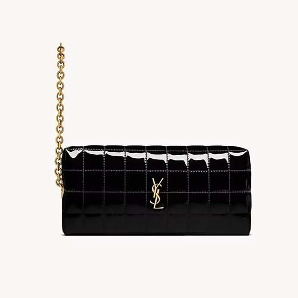 Front view of Saint Laurent YSL Women Cassandre Matelassé Carré Pouch On Chain In Shiny Canvas-Black