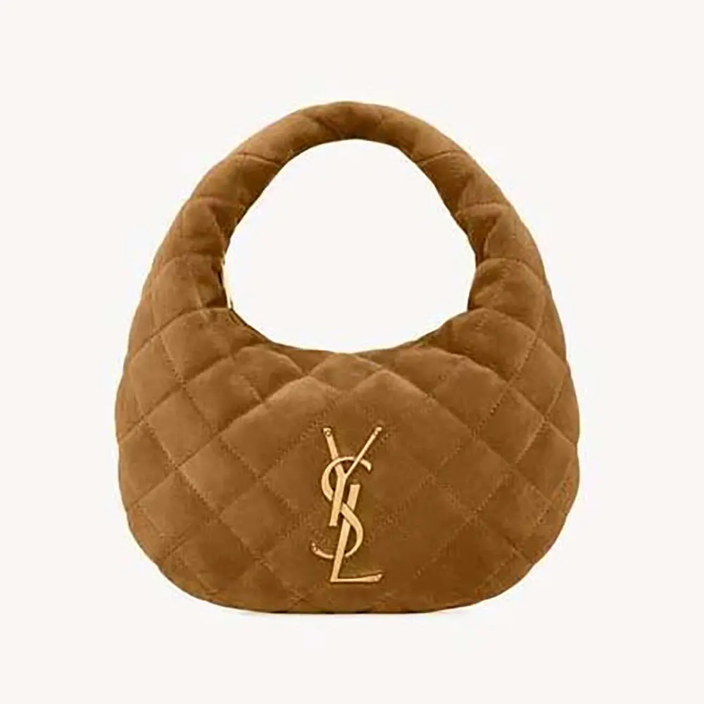 Front view of Saint Laurent YSL Women Icarino In Quilted Suede-Brown bag