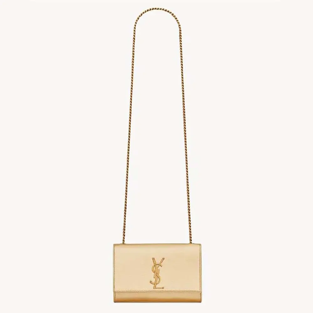 Front view of Saint Laurent YSL Women Kate Small In Metallic Leather-Gold