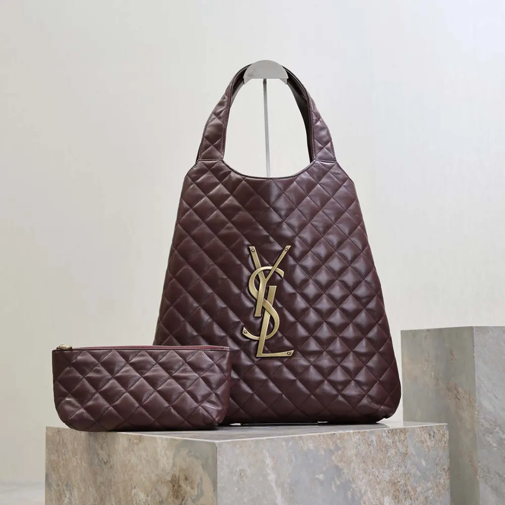 Side angle showing maroon quilted texture of Saint Laurent YSL Women Large Icare