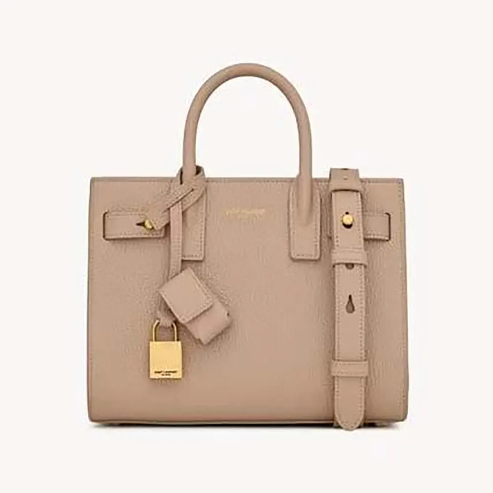 Front view of Saint Laurent YSL Women Nano Sac De Jour In Supple Grained Leather-Beige