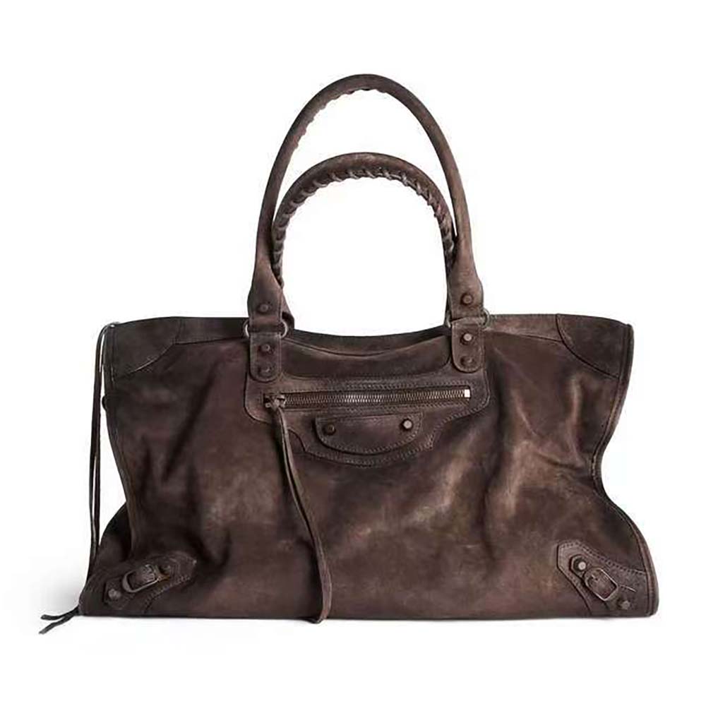 Front angle view of Balenciaga Unisex Le City Bag Large in coffee suede