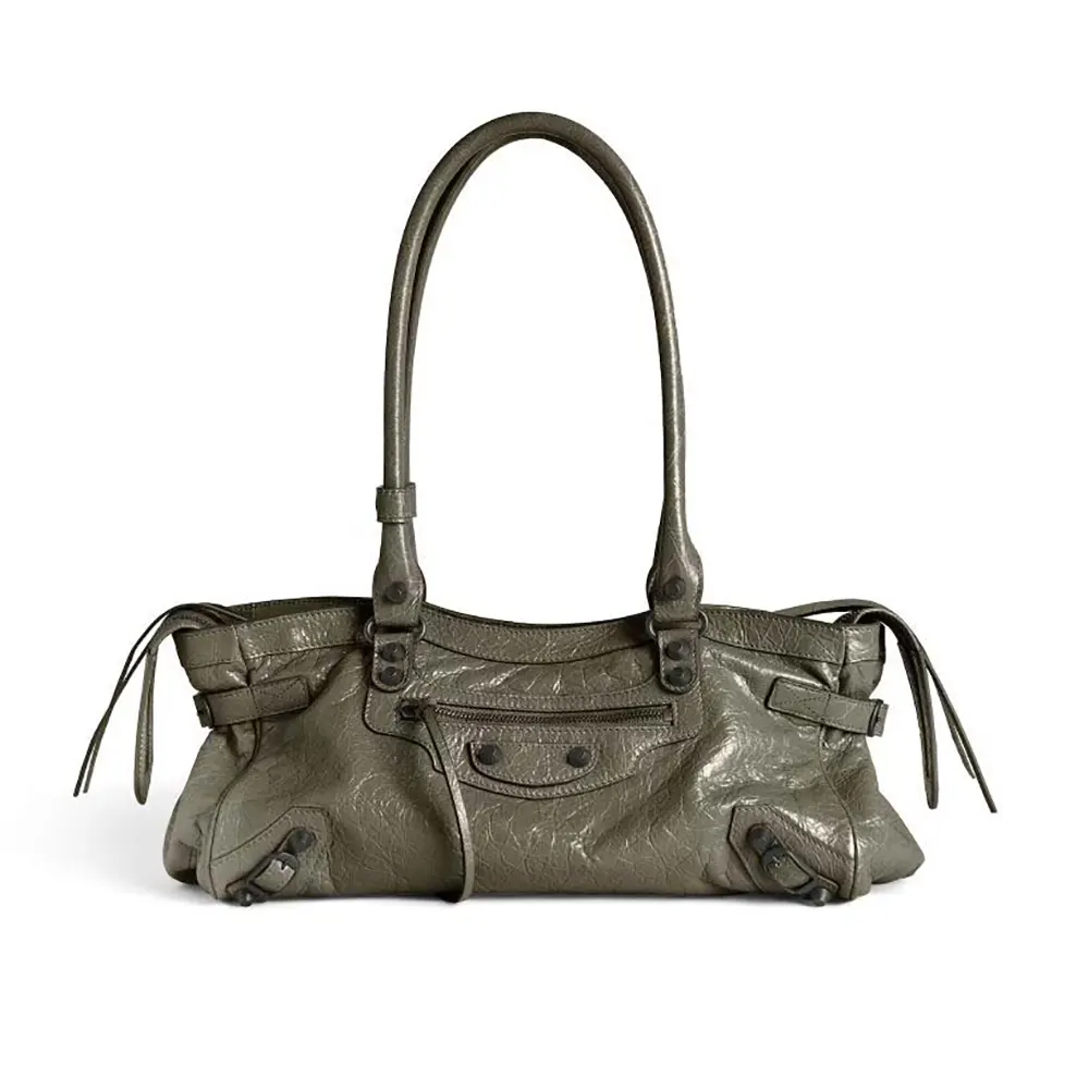 Front view of Balenciaga Women Le City Bag East-West In Army Green