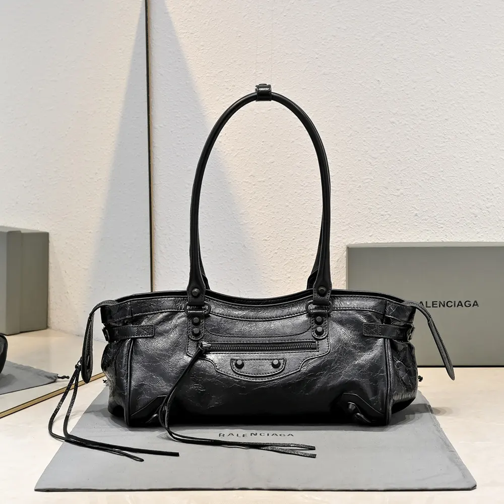 Close-up of embossed logo on Balenciaga Women Le City Bag East-West In Black