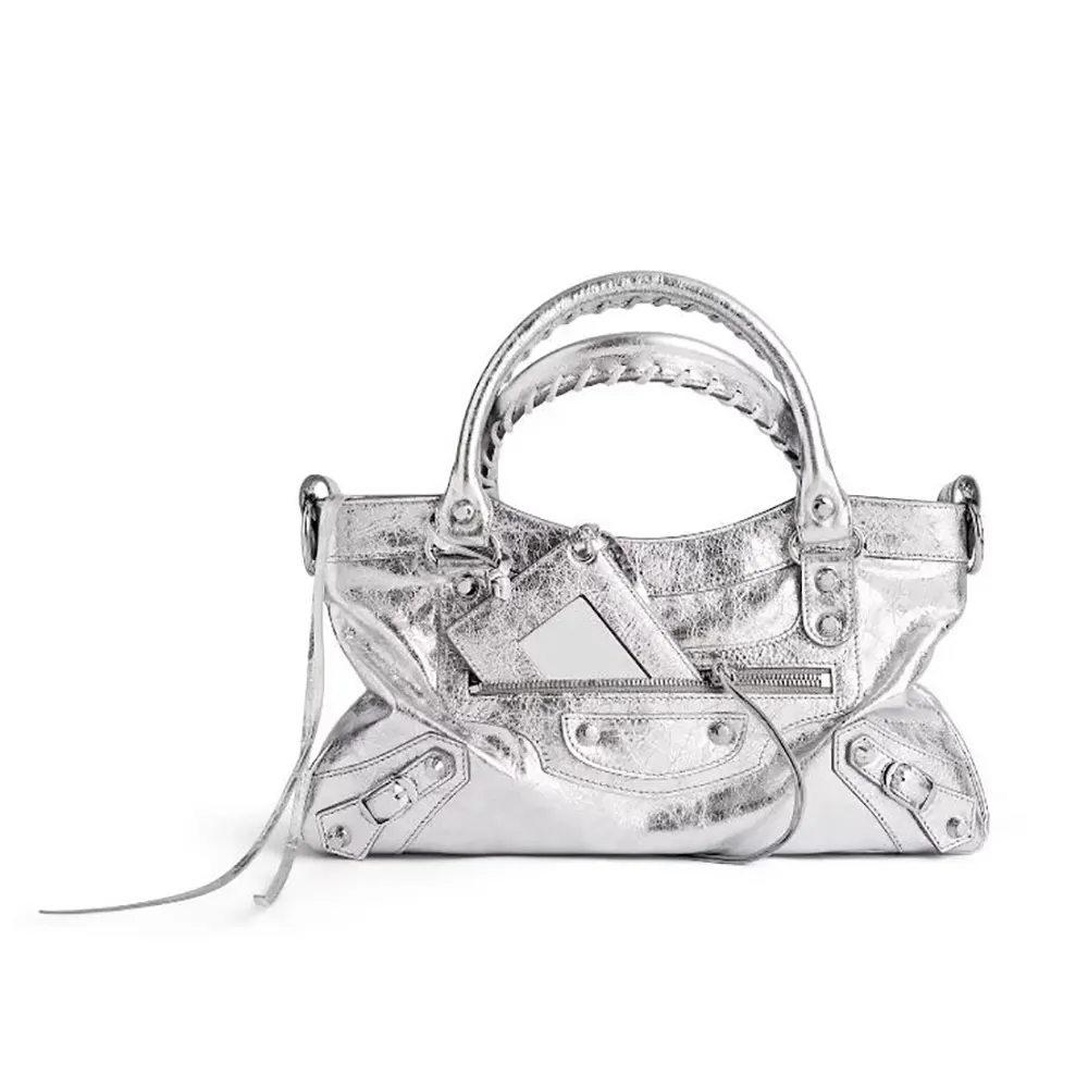 Front view of Balenciaga Women Le City First Bag in silver lambskin