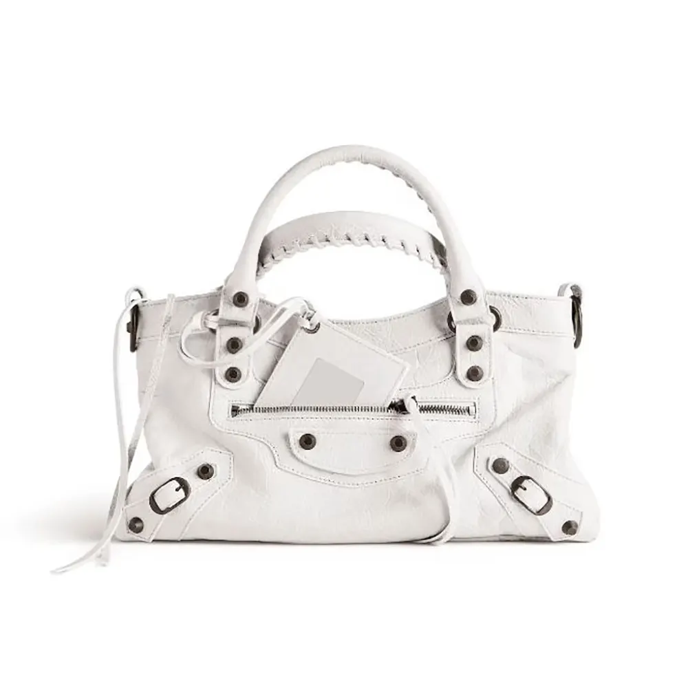 Front angle of Balenciaga Women Le City First Bag in white lambskin