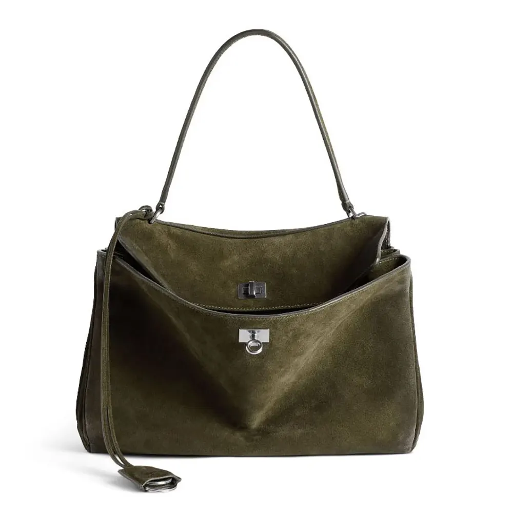 Front view of Balenciaga Women Rodeo Handbag Medium in dark green suede and calfskin