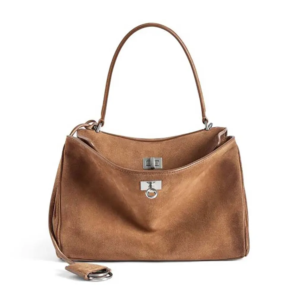 Front view of Balenciaga Women Rodeo Handbag Small In Camel-Brown