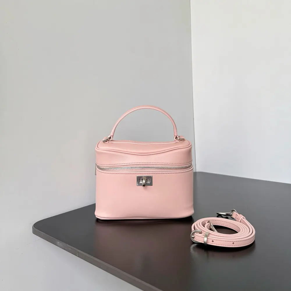 Close-up of pink suede and smooth calfskin texture on Balenciaga Rodeo Vanity