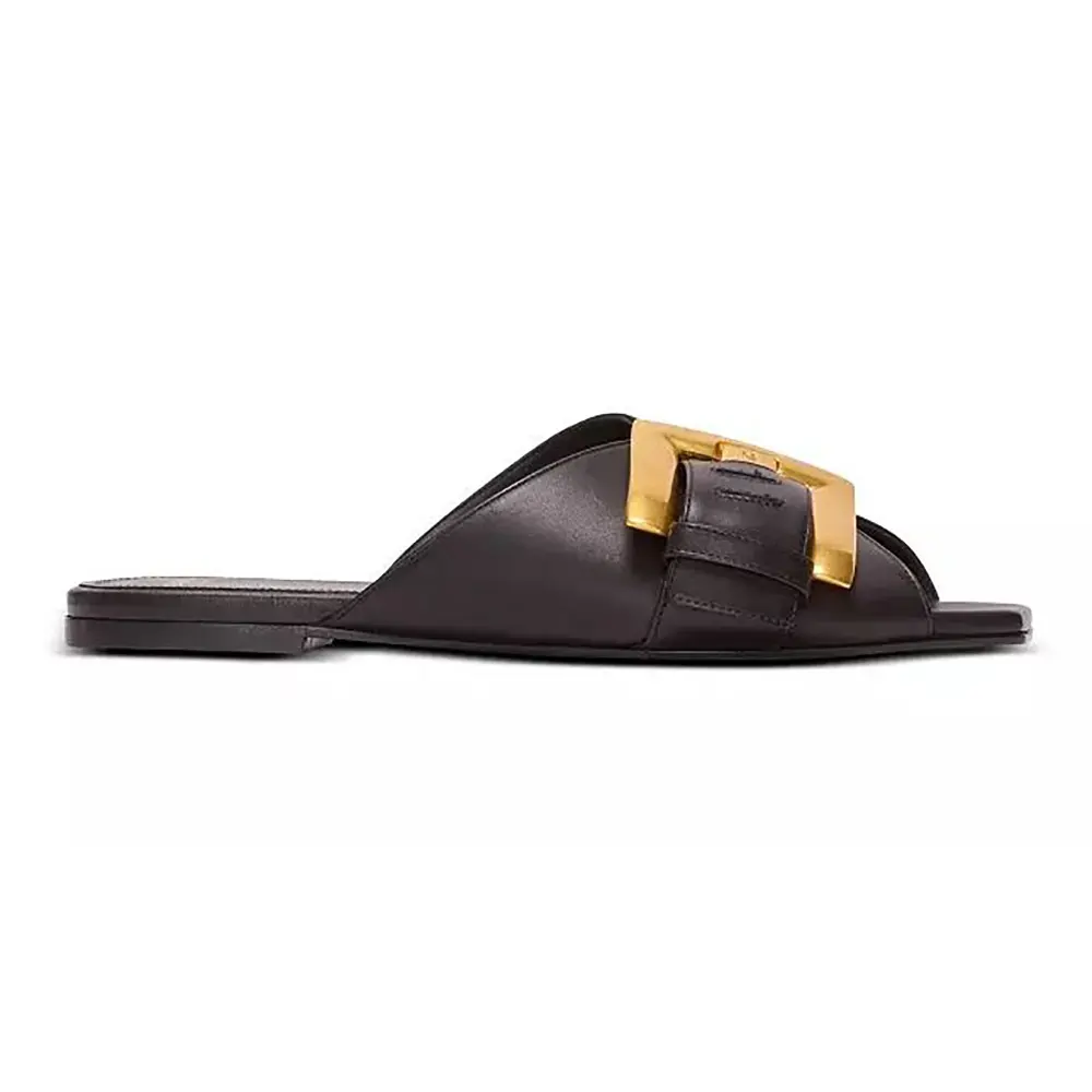 Side view of Balmain Women Anthem Flat Leather-Black sandal