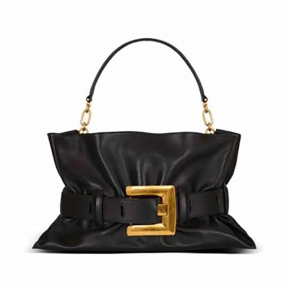 Front view of Balmain Women Black Medium Anthem Bag Calfskin with flap closed