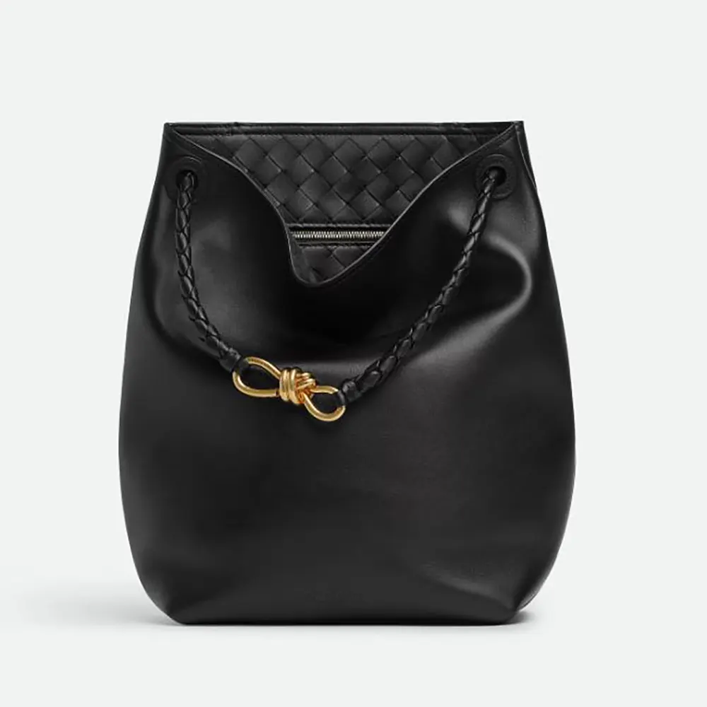 Front view of Bottega Veneta Women Andiamo Bucket in silky black leather